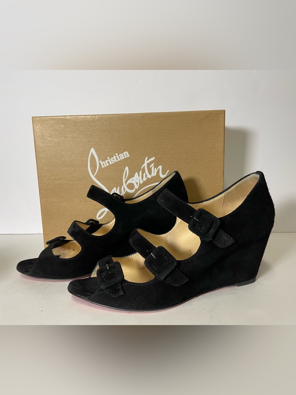 Christian Louboutin Janice Black Suede Triple-Buckle Wedge Pumps 37